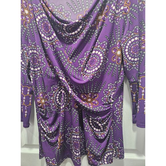 New York & Co Purple Ruched Cowl Neck Top L Y2K Paisley Stretch Blouse - Picture 4 of 7